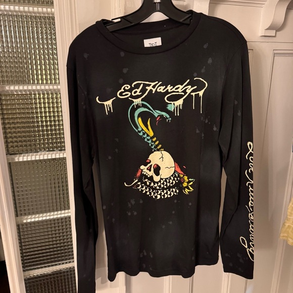 Ed Hardy X Christian Audigier Long Sleeve Black Splatter Tee Shirt Sz Small - Picture 11 of 11